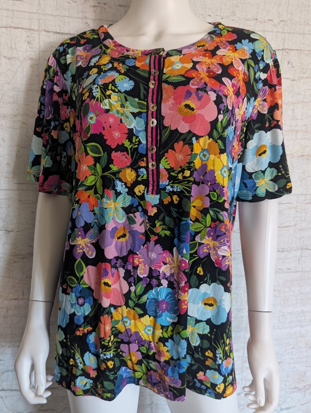 Johnny Was Black Floral Short Sleeve Henley